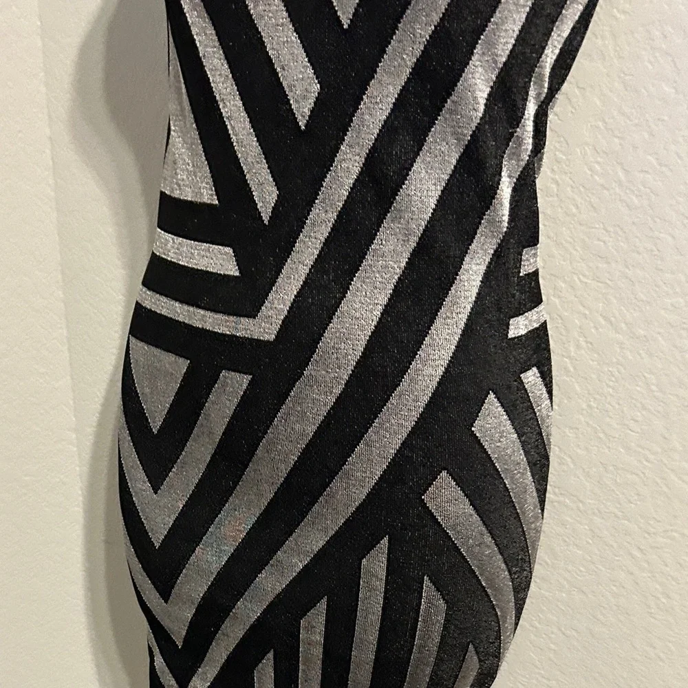BEBE black & silver one shoulder bodycon dress, Sz Small, metallic party dress - Picture 2 of 5